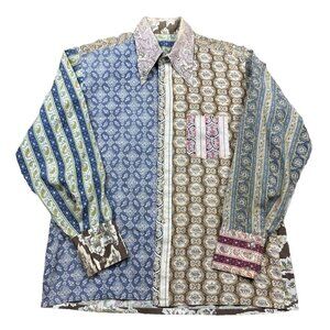 Vtg 70s Colorful Western Patchwork Rockabilly Disco Hippie Shirt Large Toile USA